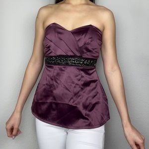 Vintage Dark Maroon Burgundy Satin Strapless Bustier Beaded Tube-Top Blouse